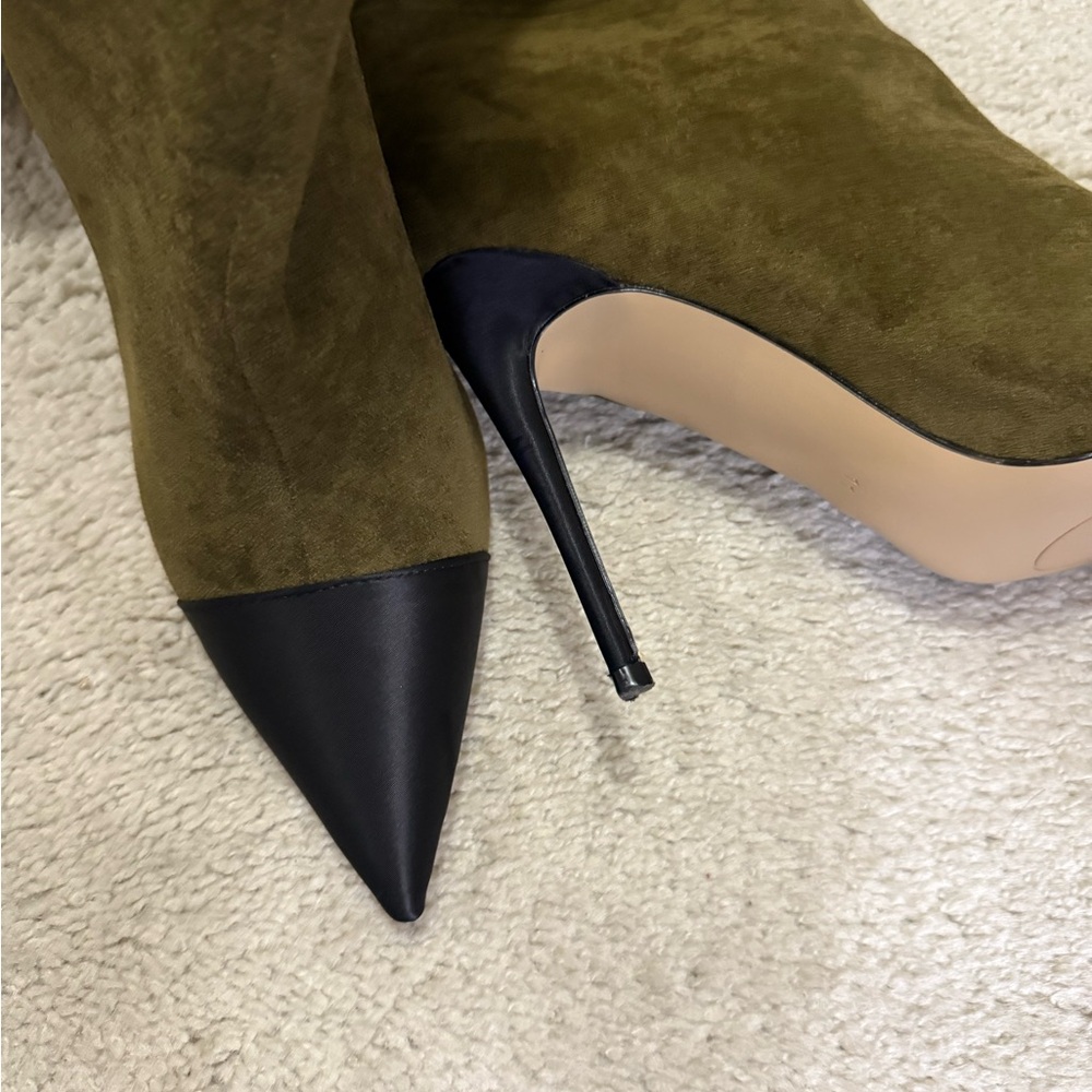 Elegant Olive Suede Stiletto Boots - knee high - Picture 4 of 11